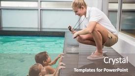  Presentation with coach - Cool new slides with pretty swimming coach smiling backdrop and a gray colored foreground