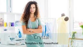  Presentation with sewing - Slides with pretty-tailor-standing-in-sewing background and a light blue colored foreground