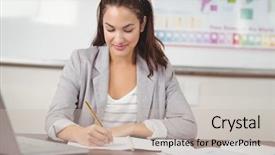  Presentation with school desk - Presentation design consisting of pretty teacher correcting at her desk in a classroom in school background and a soft green colored foreground