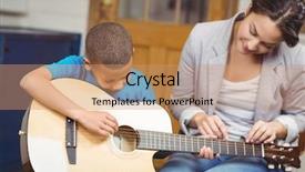 Presentation with teacher lesson plan - Presentation design consisting of pretty teacher giving guitar lessons background and a coral colored foreground