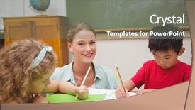  Presentation with pupil - Amazing slides having pretty teacher helping pupil in classroom at the elementary school backdrop and a gray colored foreground