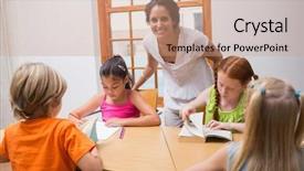  Presentation with school desk - PPT theme enhanced with pretty teacher standing with pupils at desk at the elementary school background and a coral colored foreground