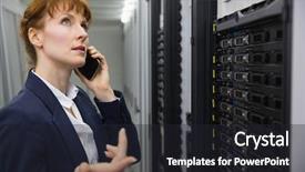  Presentation with server - Amazing presentation having pretty technician talking on phone while looking at server in large data center backdrop and a dark gray colored foreground