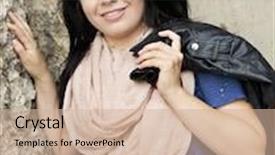  Presentation with rock wall - Theme having pretty teen girl happily leaning against a crumbling rock wall background and a soft green colored foreground