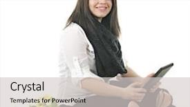  Presentation with ipad - Colorful presentation theme enhanced with holds while sitting among forsythia backdrop and a light gray colored foreground