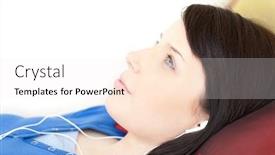  Presentation with teen girl - Audience pleasing PPT theme consisting of pretty teen girl listening music lying on a sofa in the living-room backdrop and a sky blue colored foreground