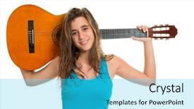  Presentation with acoustic - Theme consisting of pretty teenage girl holding an acoustic guitar isolated on a white background background and a cyan colored foreground