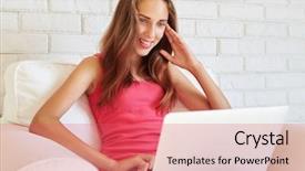  Presentation with tank - Cool new theme with pretty teenage girl in pink tank top is sitting in comfortable white armchair with laptop against white brick wall background backdrop and a red colored foreground