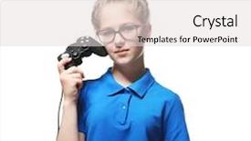  Presentation with controller - Presentation theme enhanced with pretty teenager with game controller on white background background and a light gray colored foreground