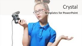  Presentation with controller - Cool new presentation with pretty teenager with game controller on white background backdrop and a white colored foreground
