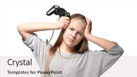  Presentation with controller - Slides featuring pretty teenager with game controller on white background background and a light gray colored foreground