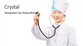  Presentation with pretty girl - Colorful slides enhanced with pretty ten years girl dressed like a doctor posing at studio occupations isolated over white backdrop and a white colored foreground