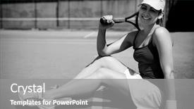  Presentation with court - Audience pleasing PPT theme consisting of pretty tennis player sitting on court smiling at camera on a sunny day backdrop and a gray colored foreground