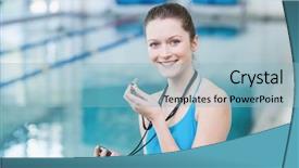  Presentation with whistle - Colorful presentation enhanced with pretty trainer blowing whistle and looking at stopwatch at the pool backdrop and a light blue colored foreground
