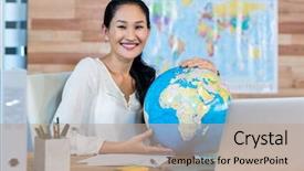  Presentation with travel globe - Slide set having pretty travel agent holding globe background and a coral colored foreground