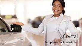  Presentation with vehicle - Slide set with pretty vehicle saleswoman presenting new background and a soft green colored foreground