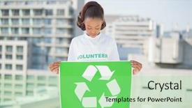  Presentation with recycling - Theme having pretty volunteer woman holding recycling background and a  colored foreground