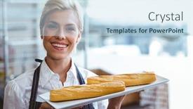  Presentation with bakery - Presentation consisting of pretty waitress carrying baguettes at the bakery background and a sky blue colored foreground