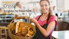  Presentation with bakery - PPT theme with pretty waitress carrying basket of bread at the bakery background and a soft green colored foreground