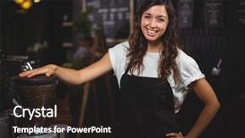 Presentation with machine shop - PPT theme enhanced with pretty waitress posing next to coffee machine at coffee shop background and a dark gray colored foreground