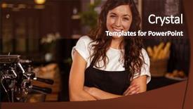  Presentation with machine shop - Slides enhanced with pretty waitress posing with arms crossed next to coffee machine at coffee shop background and a tawny brown colored foreground