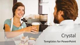  Presentation with coffee shop - Slide set with pretty waitress serving happy customer background and a light gray colored foreground