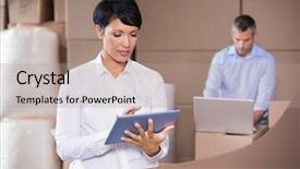  Presentation with warehouse - Beautiful theme featuring pretty warehouse manager using tablet pc in a large warehouse backdrop and a coral colored foreground