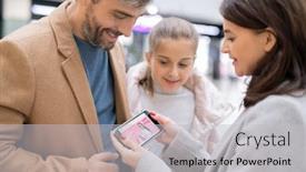  Presentation with new order - Amazing PPT layouts having pretty wife with smartphone showing her husband and daughter new online shop and going to make order backdrop and a light gray colored foreground