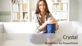  Presentation with clothing wooden clothes hanger object - Presentation design featuring pretty woman - happy girl in casual clothes background and a soft green colored foreground