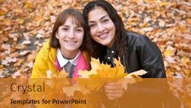  Presentation with fall season - Colorful theme enhanced with pretty woman and teen girl are posing with bunch of maple's leaves in autumn park beautiful landscape at fall season backdrop and a gold colored foreground