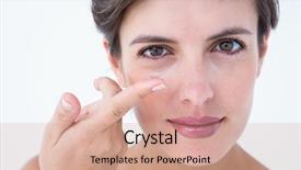  Presentation with contact lens - Cool new PPT layouts with pretty woman applying contact lens backdrop and a coral colored foreground
