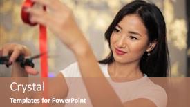  Presentation with ribbon cutting - Colorful theme enhanced with pretty woman cutting a red ribbon backdrop and a coral colored foreground