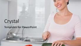  Presentation with kitchen - Beautiful slide deck featuring pretty woman cutting vegetables in the kitchen backdrop and a light gray colored foreground