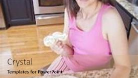  Presentation with bagel - PPT layouts featuring pretty woman eating a bagel for breakfast in the kitchen background and a coral colored foreground