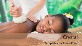  Presentation with herbal - Slide set featuring pretty woman enjoying a herbal compress massage at the health spa background and a coral colored foreground