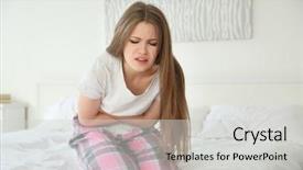  Presentation with stomach - Cool new slide deck with pretty woman feeling stomach pain at home backdrop and a light gray colored foreground