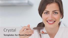  Presentation with breakfast cereal - Audience pleasing PPT theme consisting of pretty woman having breakfast of cereal at home in kitchen backdrop and a coral colored foreground