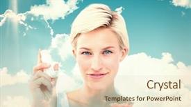  Presentation with inhaler - PPT theme consisting of pretty woman holding inhaler smiling at camera against blue sky background and a lemonade colored foreground