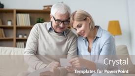  Presentation with family photo - Presentation theme having pretty-woman-holding-photo background and a gray colored foreground