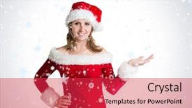  Presentation with falling snow - Slides with pretty woman in santa costume presenting your product against snow falling background and a red colored foreground