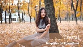  Presentation with fall season - PPT theme having pretty woman is sitting in autumn park near big tree beautiful landscape at fall season background and a coral colored foreground