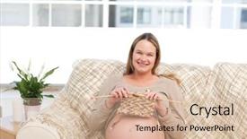  Presentation with knitting - Slides featuring pretty woman knitting for her future baby sitting on the sofa smiling at the camera background and a soft green colored foreground