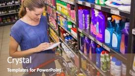  Presentation with grocery - Presentation theme with pretty woman looking at her grocery list at supermarket background and a coral colored foreground