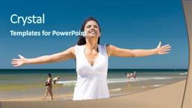  Presentation with summer sun - Cool new PPT theme with pretty woman on the ocean beach enjoying her summer vacation arms stretched out towards the sun as a symbol of freedom backdrop and a ocean colored foreground