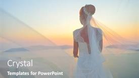  Presentation with white wedding - Colorful presentation theme enhanced with pretty woman posing in white wedding dress on santorini island greece backdrop and a gray colored foreground