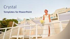  Presentation with white wedding - PPT theme having pretty woman posing in white wedding dress on santorini island greece background and a sky blue colored foreground
