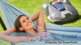  Presentation with relaxing - Audience pleasing PPT theme consisting of pretty-woman-relaxing-in-hammock backdrop and a light blue colored foreground