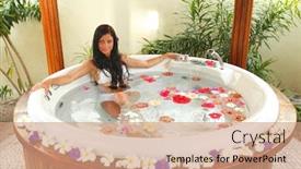  Presentation with flower woman - Beautiful presentation theme featuring pretty woman relaxing in jacuzzi with flower petals backdrop and a coral colored foreground