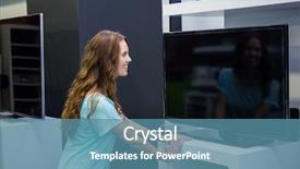  Presentation with electronics - Presentation theme featuring pretty woman shopping for new television at the electronics store background and a teal colored foreground