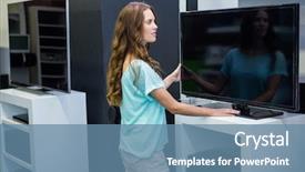 Presentation with electronics - Presentation theme with pretty woman shopping for new television at the electronics store background and a teal colored foreground